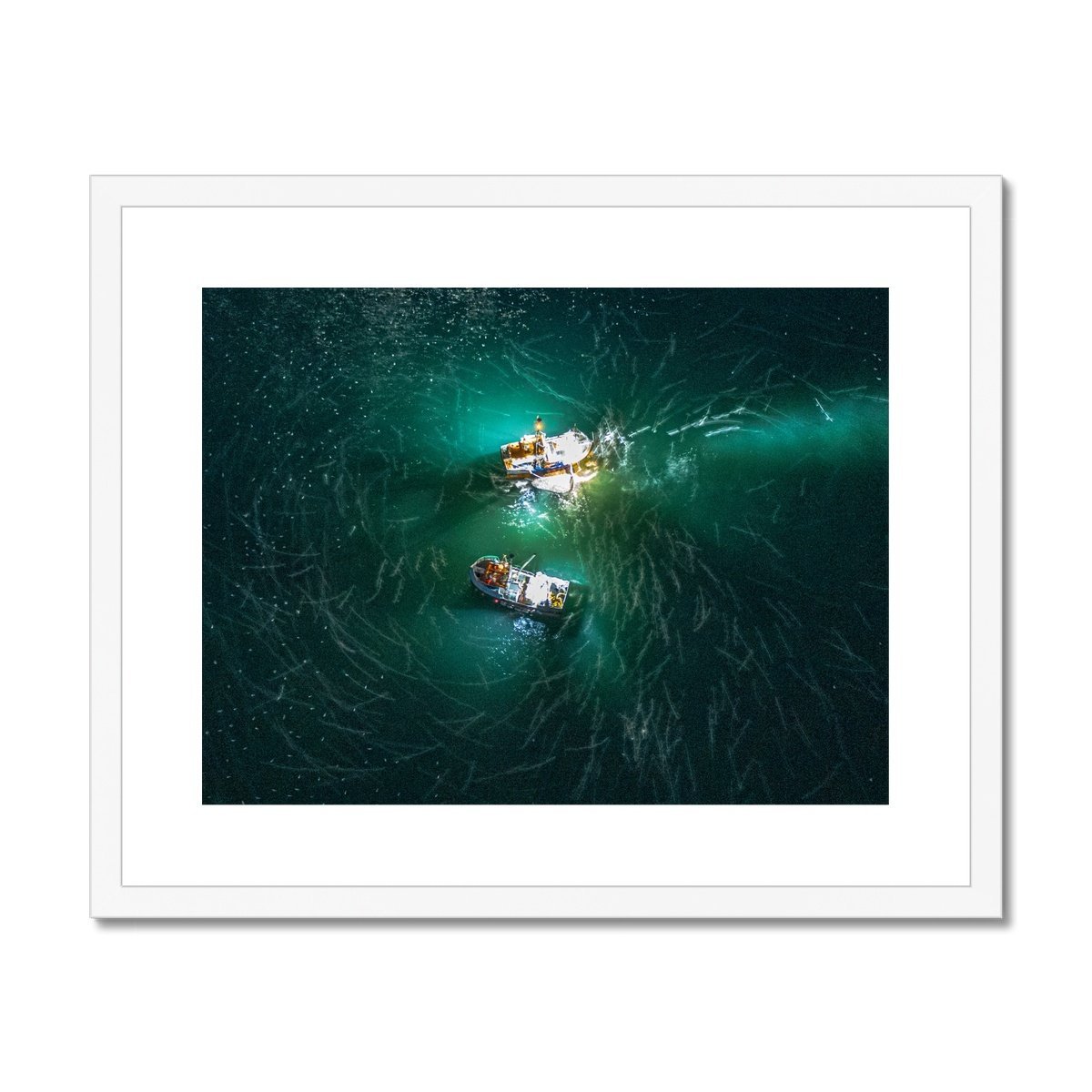 fishing boats by moonlight white frame
